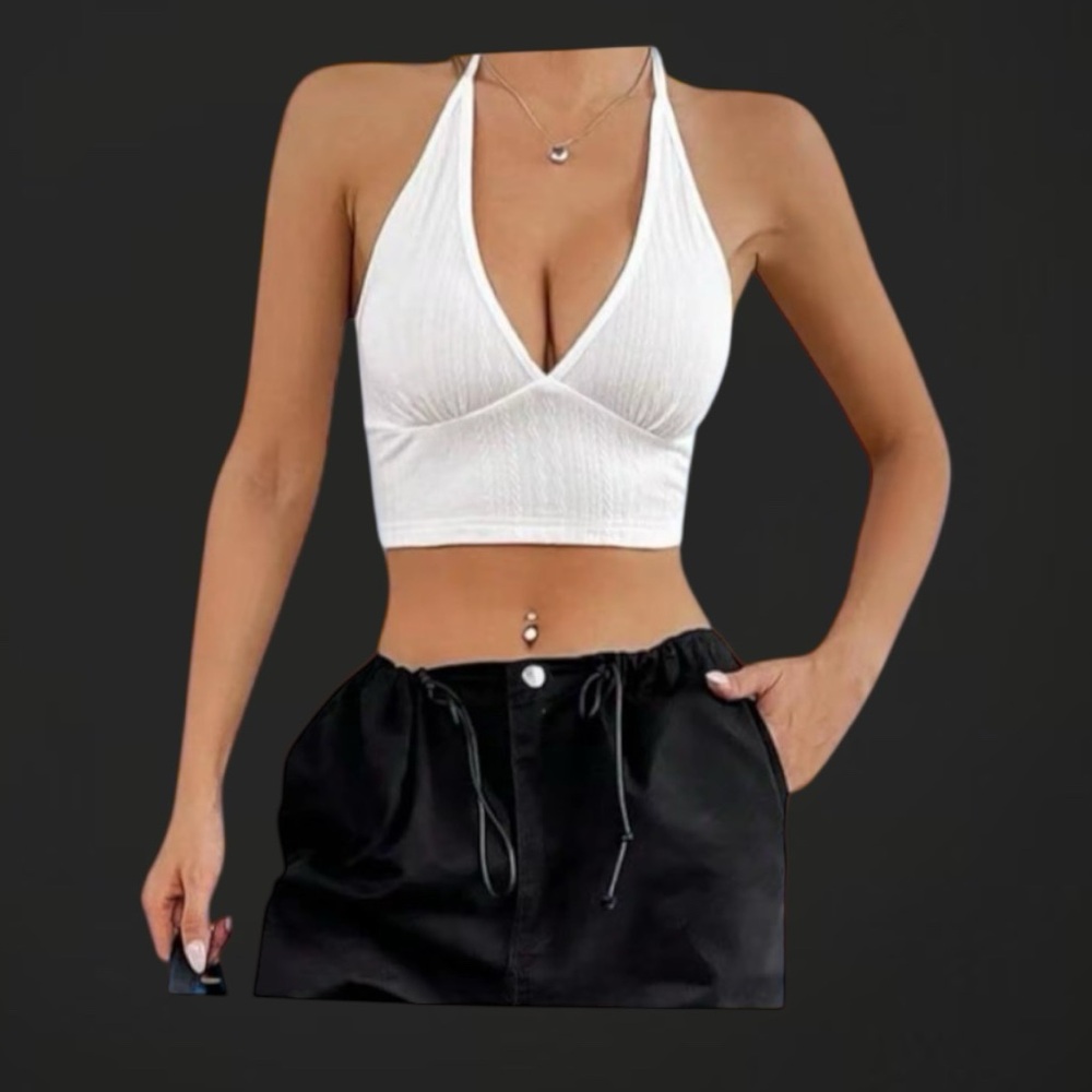 V Neck Halter Crop Top Backless